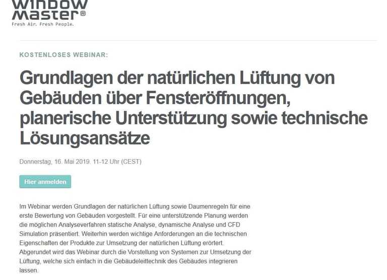 WindowMaster-Webinar zur natürlichen Lüftung 