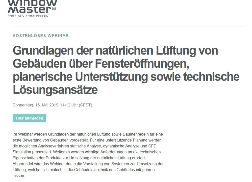 WindowMaster: Webinar zur natürlichen Lüftung