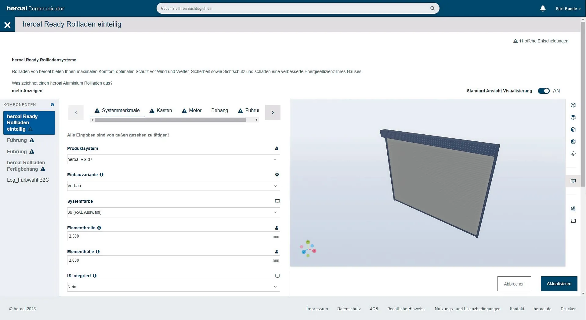5. Schritt: Die vom Endkunden im Rollladen-Konfigurator eingegebenen Angaben werden direkt in den Heroal Konfigurator übernommen. Sie werden nun durch die Konfiguration geführt und können Eingaben ergänzen oder anpassen. Eine Plausibilitätsprüfung stellt sicher, dass sich nur technisch machbare Konfigurationen eingeben lassen.