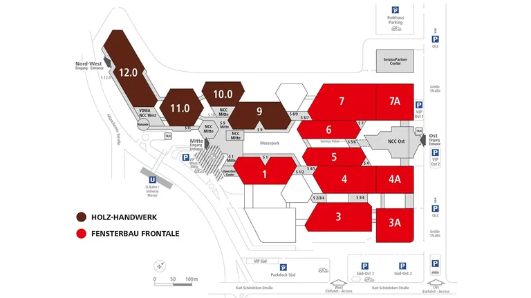 Die Messe ist thematisch gegliedert: Halle 1 und 4 f&uuml;r Beschl&auml;ge, Halle 3 und 3A f&uuml;r Maschinen, Halle 4A, 5, 6, 7 und 7A f&uuml;r Profile undGlas, Halle 1 und 7A f&uuml;r Fachinformationen, Halle 9 bis 12 f&uuml;r die HOLZ-HANDWERK.