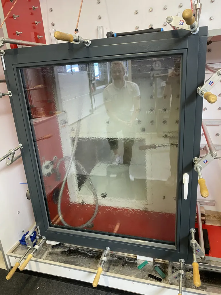 Am Teststand bei Regel-air prüfte man die Konstruktion u.a. sorgfältig auf Schlagregendichte.