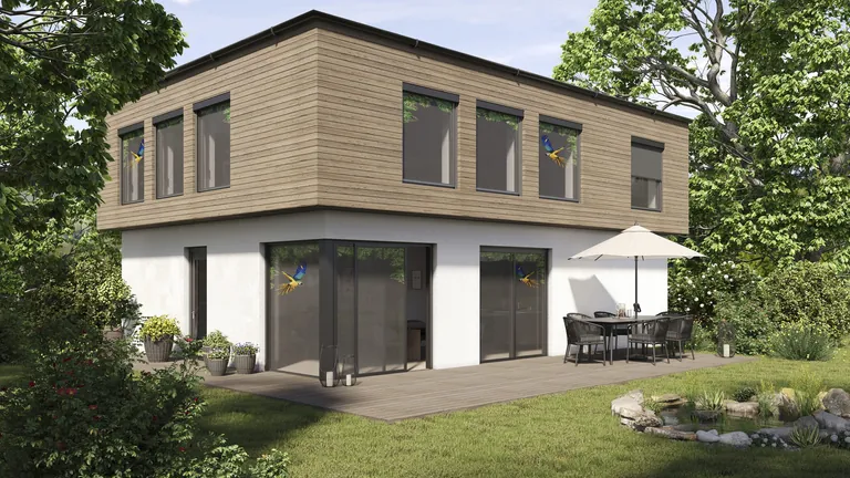 Bedruckte MHZ Insektenschutzlösungen werten Außenbereiche optisch auf.