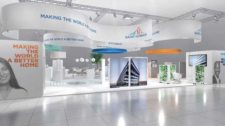 Der Messestand von Saint-Gobain Glass auf der glasstec 2024 widmet sich drei Schwerpunkten: Decarbonisation & Circularity, Performant Solutions und Easy to Use.