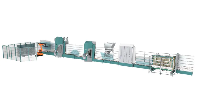 Schraml präsentiert am Lisec-Stand eine Combifin Produktionsanlage bestehend aus GLX, M-RX mit Wasserstrahlkopf, Topclear Waschmaschine und dem neuen SSP Speicher- und Sortierpuffer.