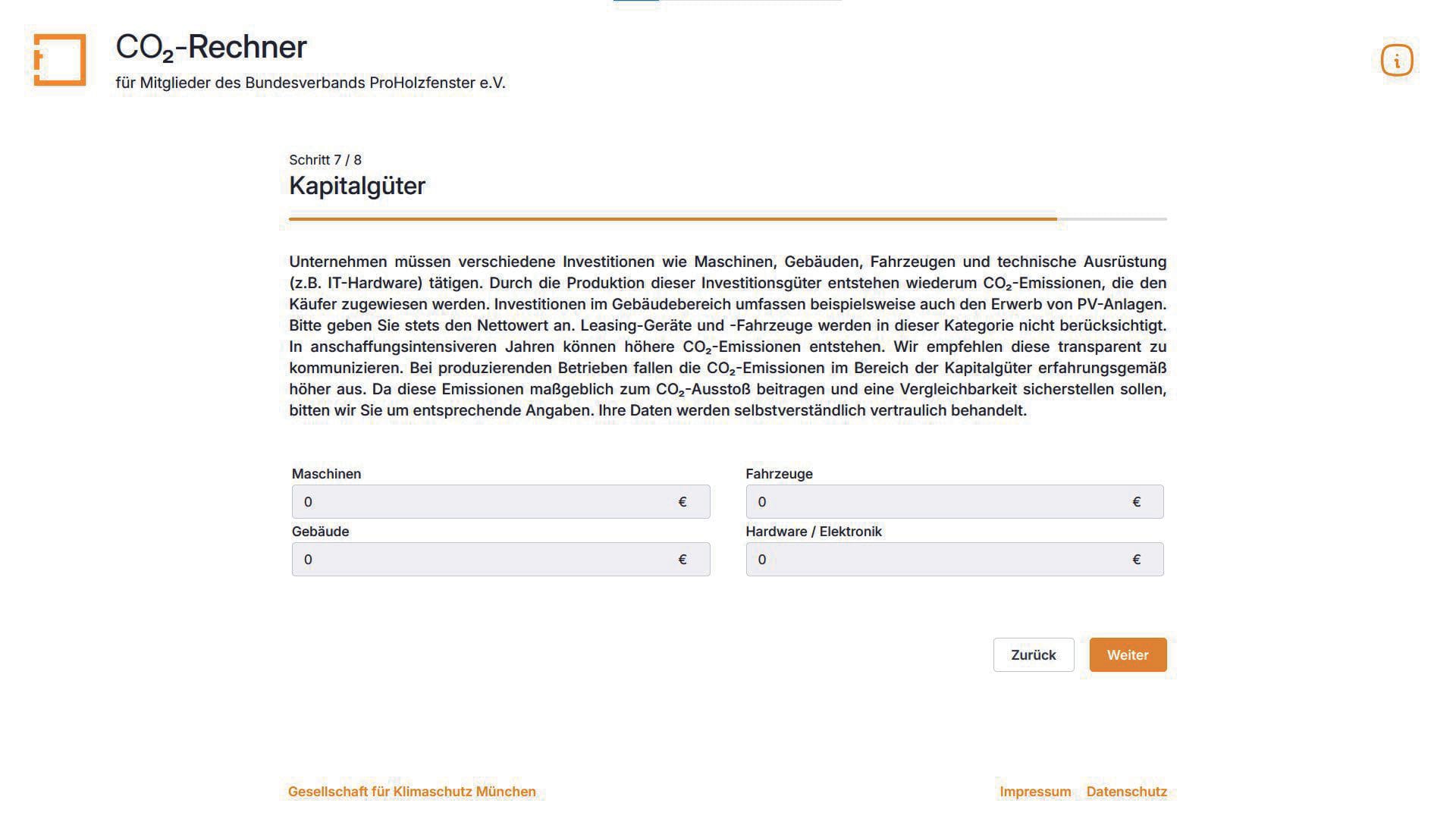 7. Schritt: Geben Sie an, ob und wie viele der angegebenen Güter (Maschinen, Fahrzeuge, Gebäude, Hardware/Elekronik) Sie käuflich erworben haben.