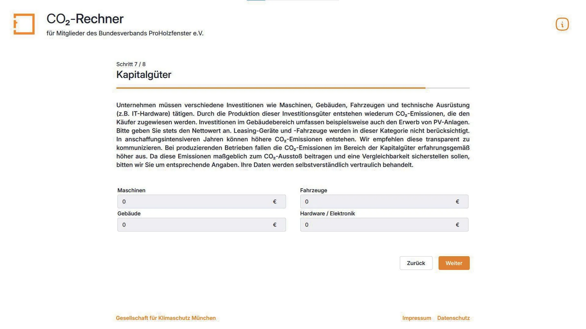 7. Schritt: Geben Sie an, ob und wie viele der angegebenen Güter (Maschinen, Fahrzeuge, Gebäude, Hardware/Elekronik) Sie käuflich erworben haben.