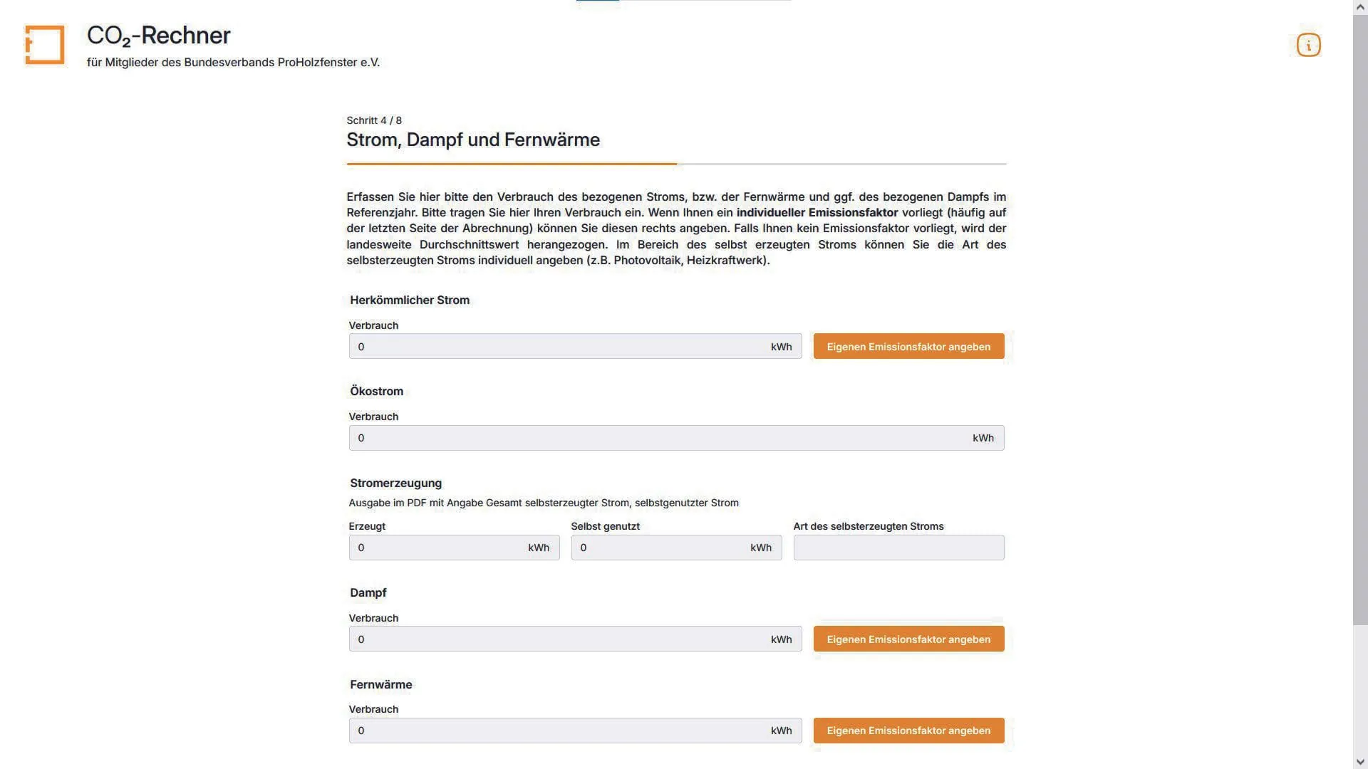 4. Schritt: Geben Sie Ihre Verbrauchsdaten zu Strom, Fernwärme und Dampf an. Auch für selbst erzeugten Strom (z.B. Photovoltaik, Heizkraftwerk) findet sich hier ein Eintrag.