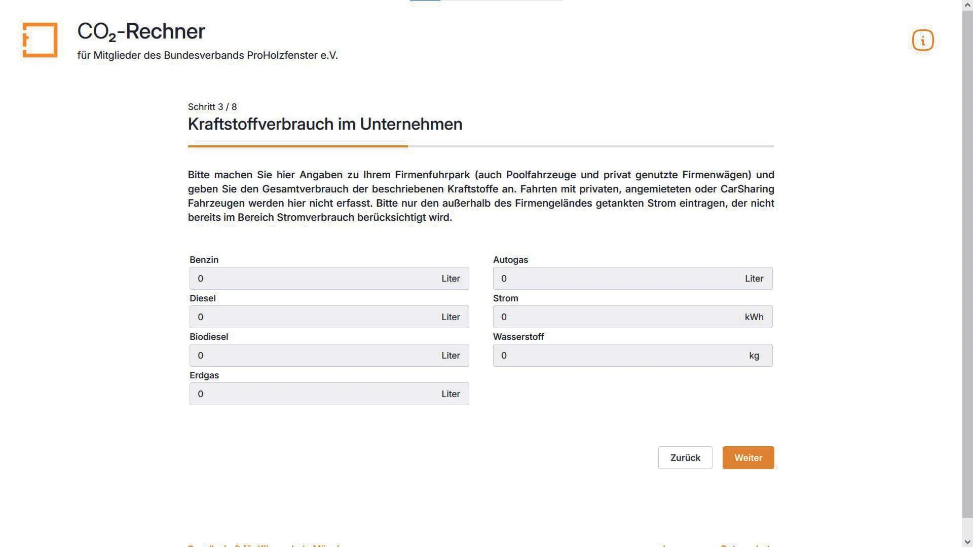 3. Schritt: Geben Sie an, welche Kraftstoffe Sie in welchen Mengen für Ihren Fuhrpark verbraucht haben.