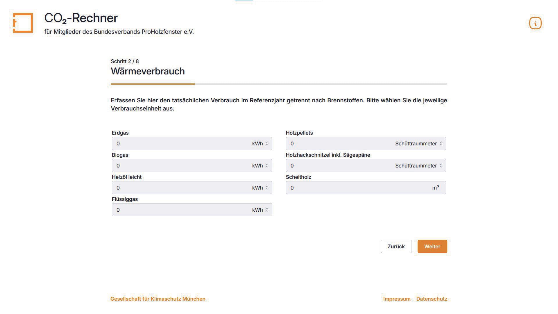 2. Schritt: Geben Sie an, welche Brennstoffe Sie in welchen Mengen zum Heizen Ihrer Gebäude verbraucht haben.