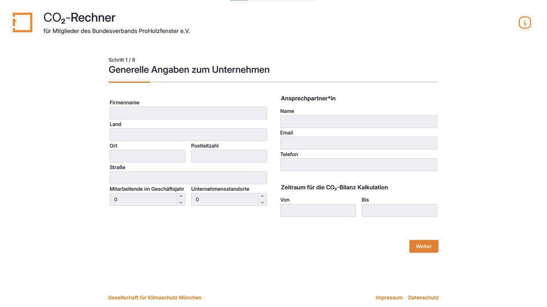 1. Schritt: Geben Sie Daten zu Ihrem Unternehmen an, wie Name, Anschrift und die Zahl der Beschäftigten.
