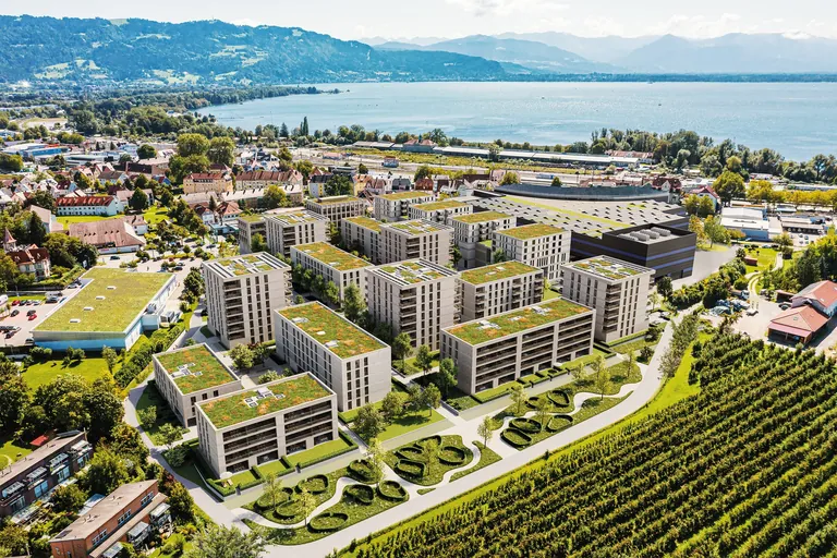 Das Vierlinden-Quartier in Lindau am Bodensee: Auf einer Gesamtfläche von 33.000 Quadratmetern entstehen dort 13 Mehrfamilienhäuser sowie Geschäfts- und Bürogebäude mit außen liegendem Sonnenschutz von Hella.