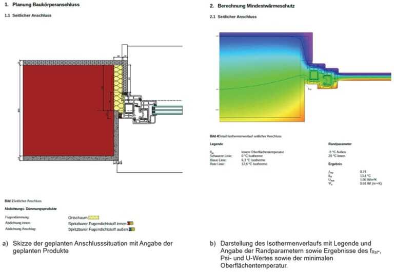 Exemplarische Darstellung der Abschnitte "Planung Bauk&ouml;rperanschluss" und "Berechnung Mindestw&auml;rmeschutz" der Montagedokumentation.