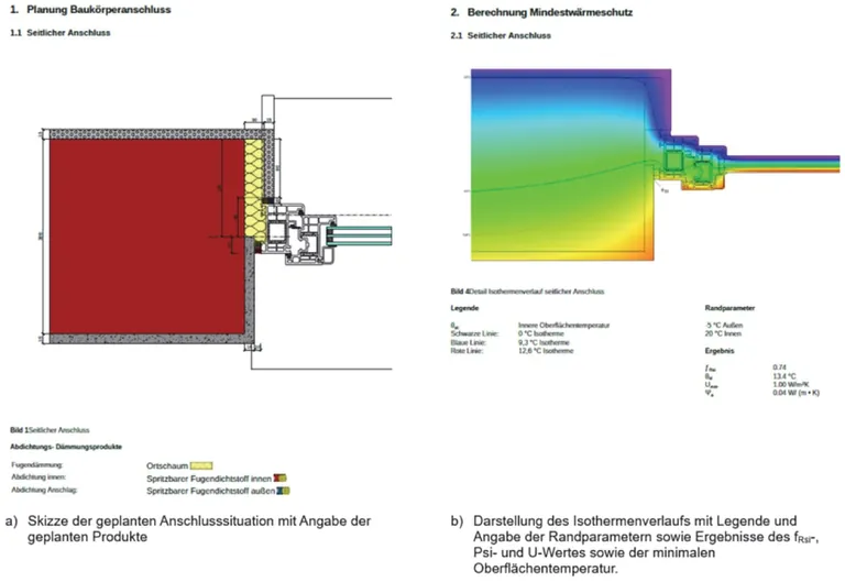 Exemplarische Darstellung der Abschnitte "Planung Baukörperanschluss" und "Berechnung Mindestwärmeschutz" der Montagedokumentation.