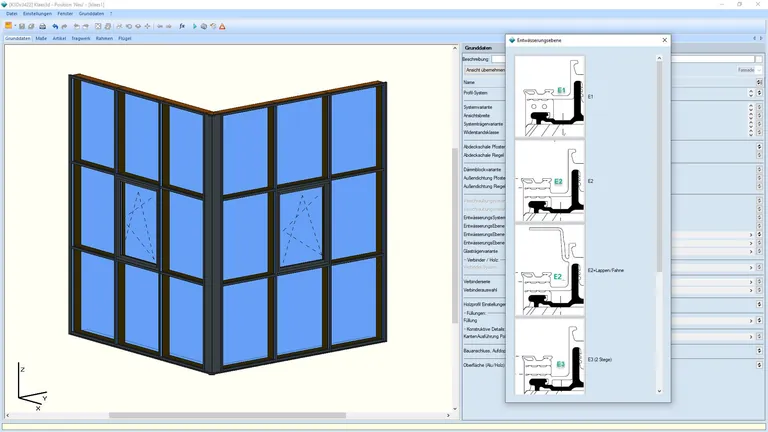 Klaes 3D Fassade bildet auch die Variantenvielfalt von Entw&auml;sserungsebenen bei Holz-Alu-Konstruktionen korrekt ab.