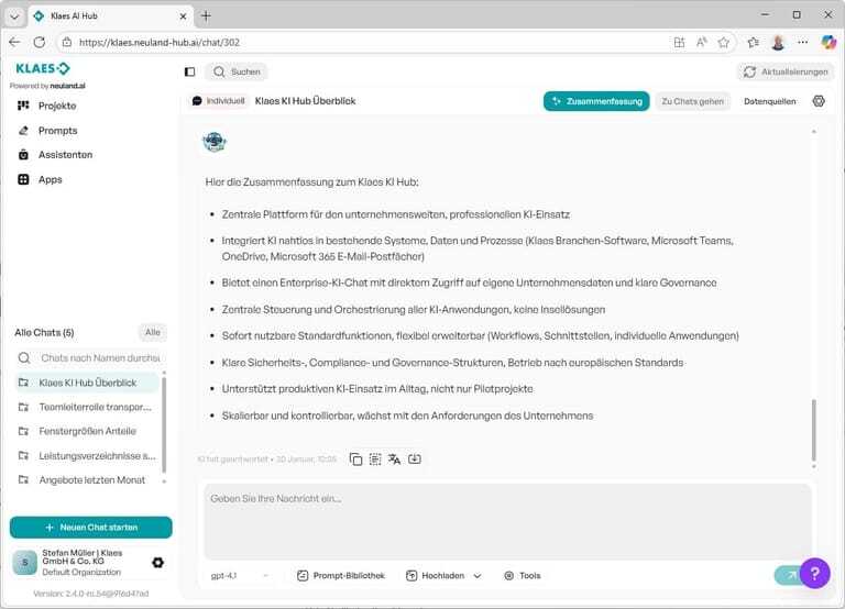 Der Klaes KI Hub ist der digitale Ansprechpartner im Unternehmen und liefert Antworten aus den eigenen Daten.