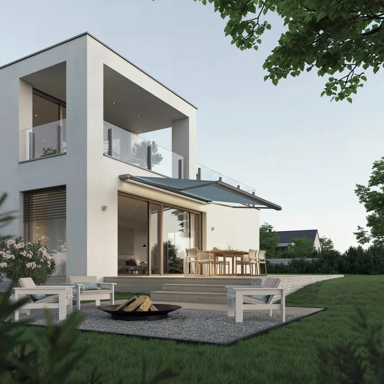 Die Kassettenmarkise Terrea K55 kombiniert runde und kubische Elemente.