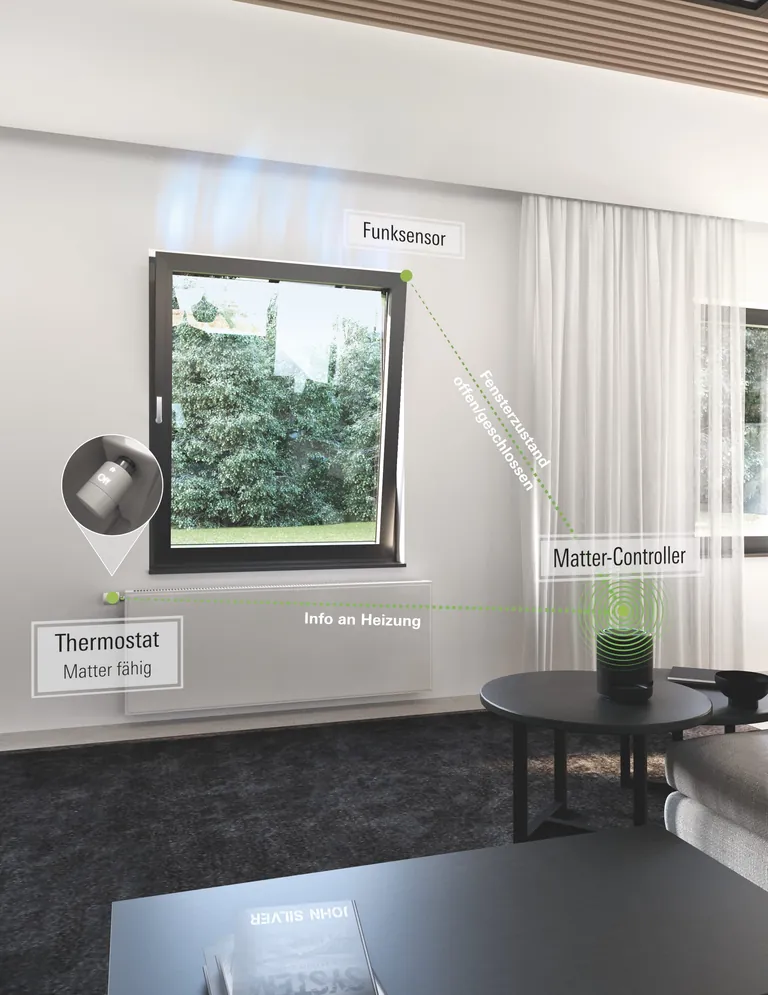 Dank Matter Kommunikationsstandard l&auml;sst sich der Sch&uuml;co Funksensor in nahezu alle g&auml;ngigen SmartHome-Systeme einbinden.