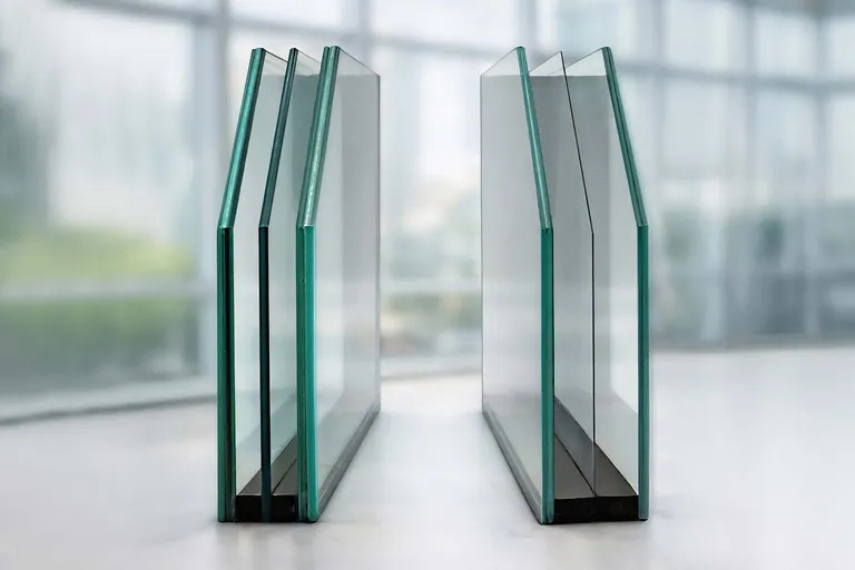 Dreifach-Isolierglasaufbauten mit Verbundsicherheitsglas im Vergleich: Links eine Lösung mit Standardgläsern, rechts Silverstar Light powered by Corning Enlighten Glass.