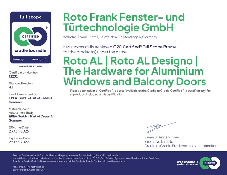 Roto AL und Roto AL Designo für Drehkippfenster aus Aluminium sind jetzt C2C Certified Full Scope auf Bronze-Level gemäß Version 4.1.
