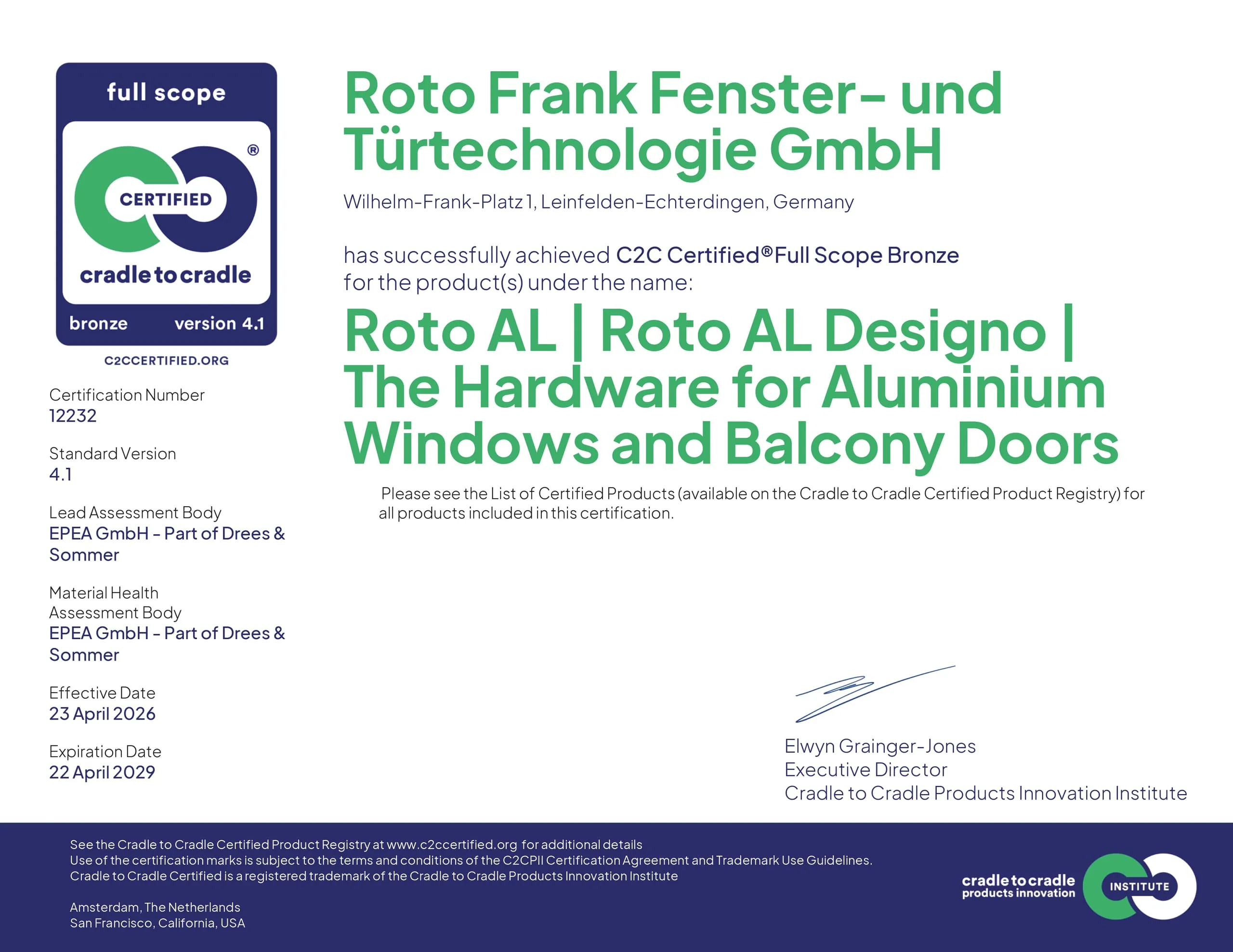 Roto erhält C2C Certified-Zertifikat für Alu-Beschläge