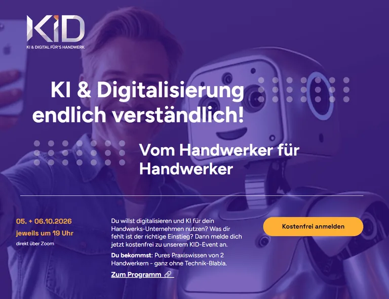An zwei Abenden im Oktober 2026 vermitteln Matthias Brack und Jörg Mosler per Zoom praxisnahes Wissen zu KI-Strategie und KI-Betriebssystem im Handwerksbetrieb.